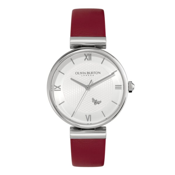 Olivia Burton Signature 36mm Minima Bee T-Bar Silver & Cranberry Leather Strap Watch