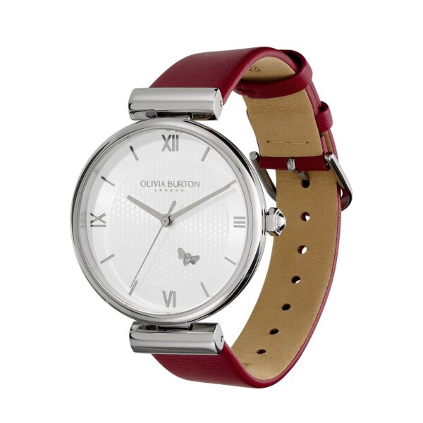 Olivia Burton Signature 36mm Minima Bee T-Bar Silver & Cranberry Leather Strap Watch - Image 2