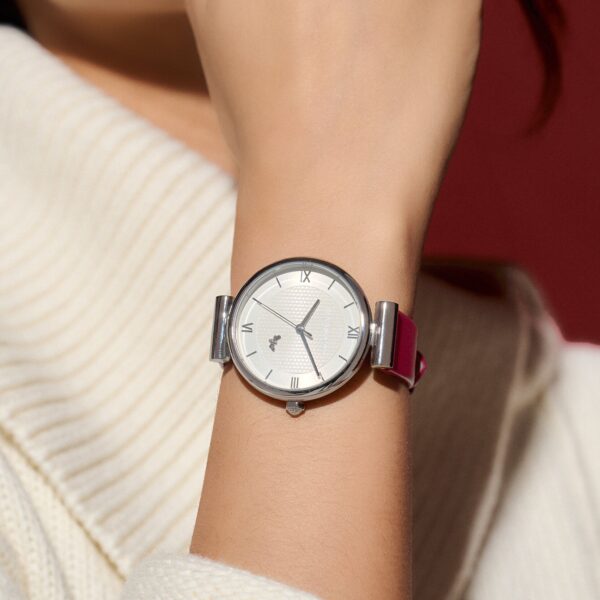 Olivia Burton Signature 36mm Minima Bee T-Bar Silver & Cranberry Leather Strap Watch - Image 4