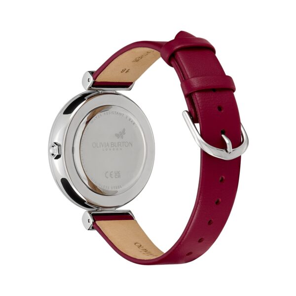 Olivia Burton Signature 36mm Minima Bee T-Bar Silver & Cranberry Leather Strap Watch - Image 6