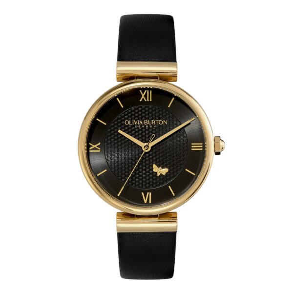 Olivia Burton Signature 36mm Minima Bee T-Bar Gold & Black Leather Strap Watch