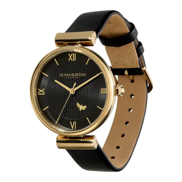 Olivia Burton Signature 36mm Minima Bee T-Bar Gold & Black Leather Strap Watch - Image 2