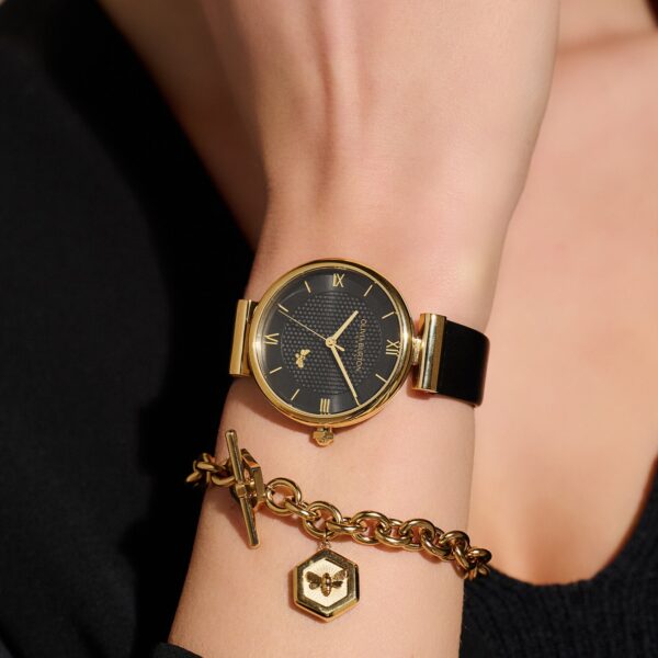 Olivia Burton Signature 36mm Minima Bee T-Bar Gold & Black Leather Strap Watch - Image 3
