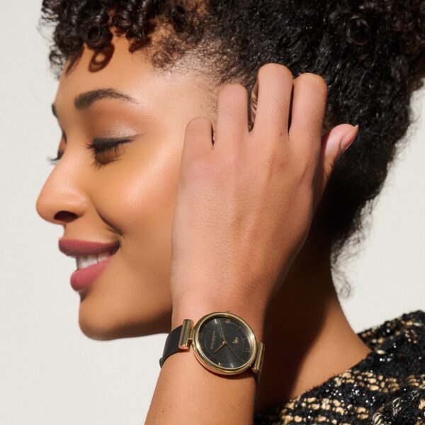 Olivia Burton Signature 36mm Minima Bee T-Bar Gold & Black Leather Strap Watch - Image 6