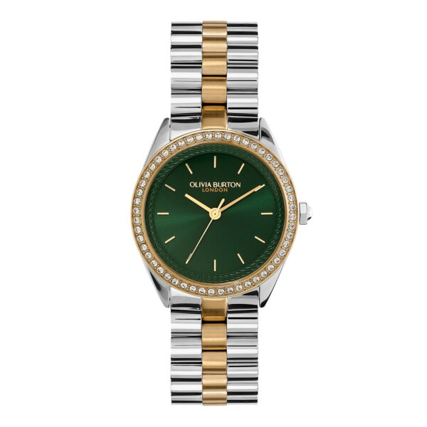 Olivia Burton Sports Luxe 34mm Bejewelled Forest Green & Two Tone Bracelet Watch