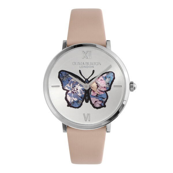 Olivia Burton Signature 35mm Butterfly Ultra Slim Silver & Nude Leather Strap Watch