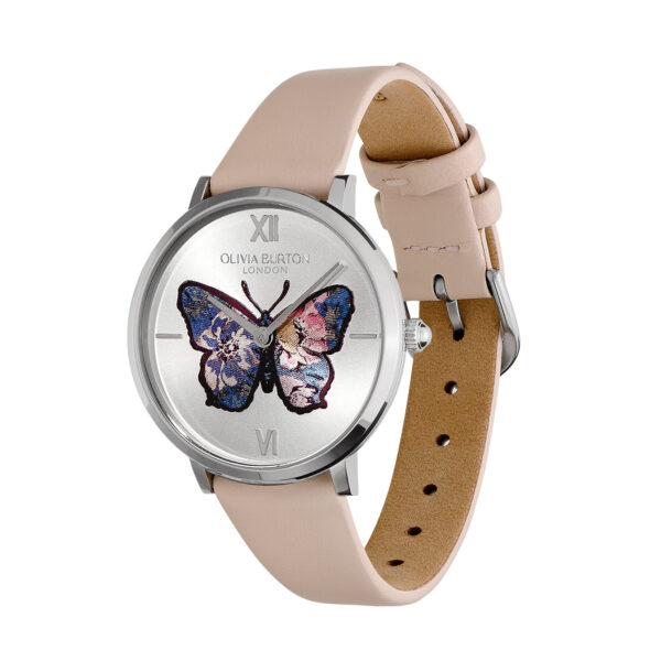 Olivia Burton Signature 35mm Butterfly Ultra Slim Silver & Nude Leather Strap Watch - Image 2