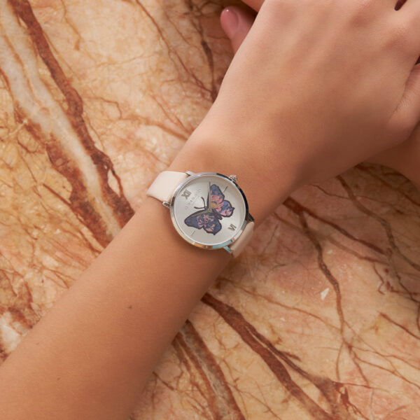 Olivia Burton Signature 35mm Butterfly Ultra Slim Silver & Nude Leather Strap Watch - Image 3