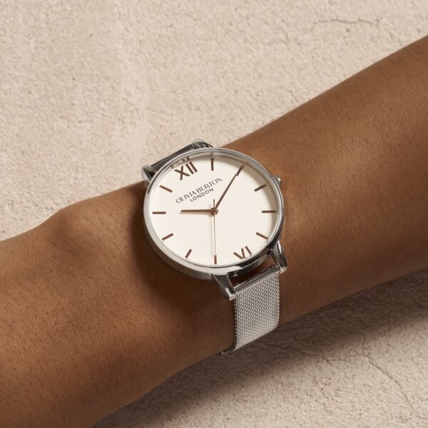 Olivia Burton Classic 38mm White & Silver Mesh Watch - Image 3
