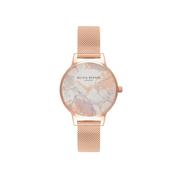 Olivia Burton Abstract Florals 30mm White & Rose Gold Mesh Watch