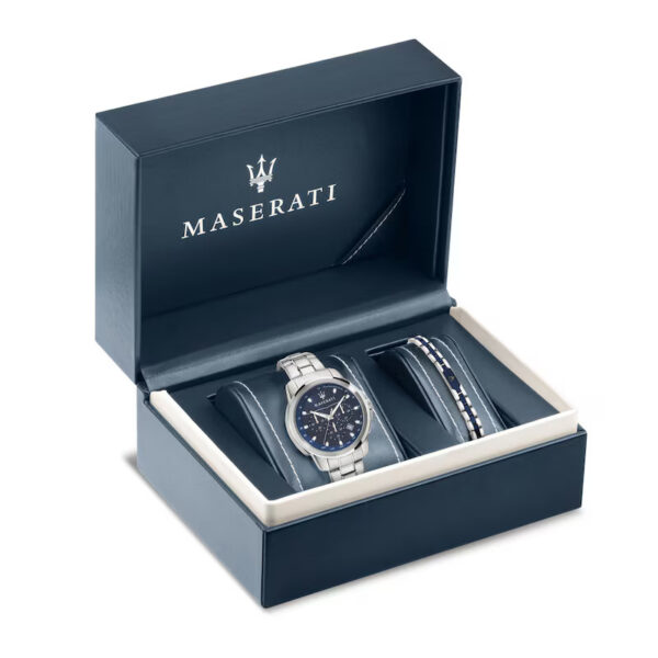 Maserati Successo Men's Blue Dial Stainless Steel Bracelet Watch & Blue Detail Chain Bracelet Set - Image 5