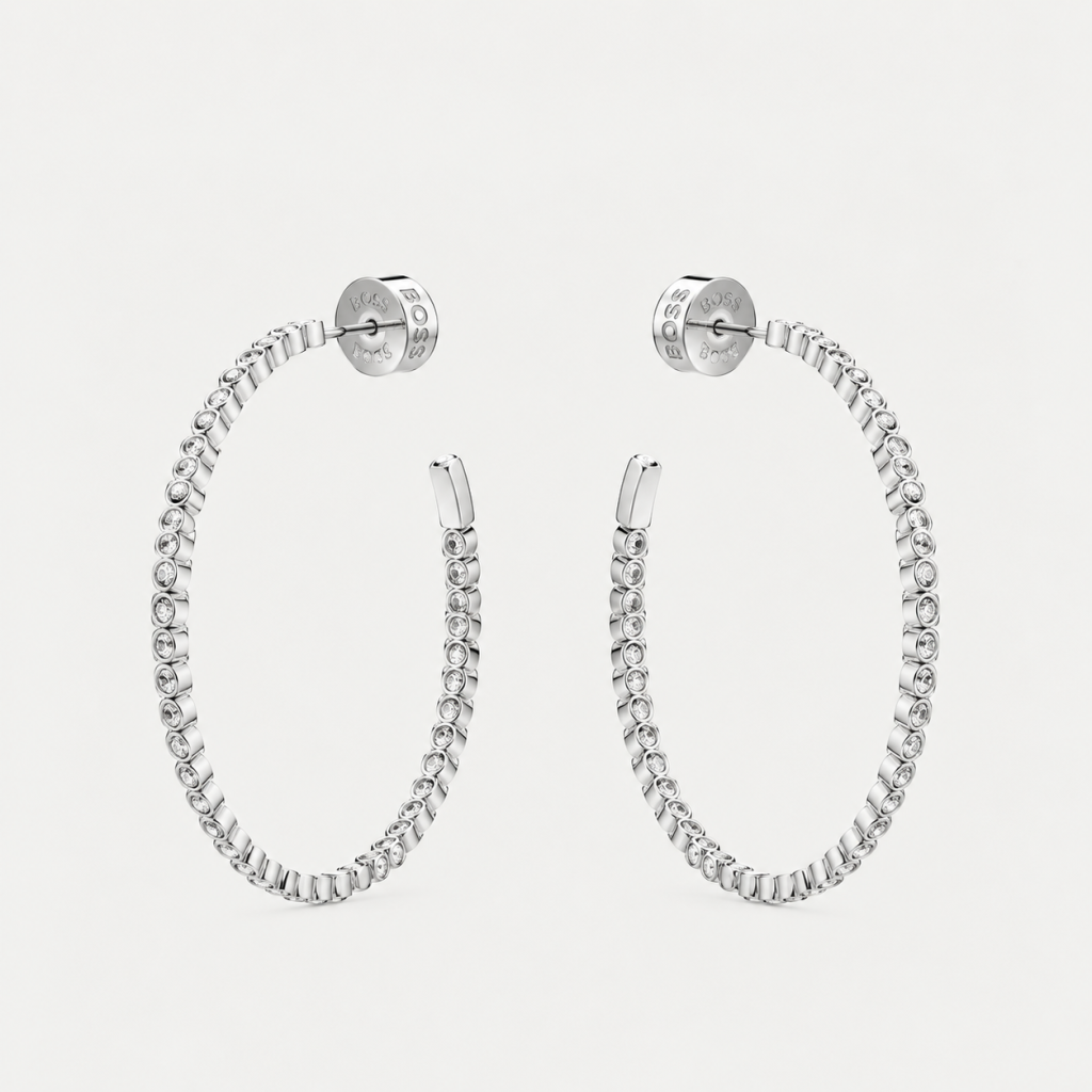 BOSS Silver-Tone Crystal-Embellished Hoop Earrings